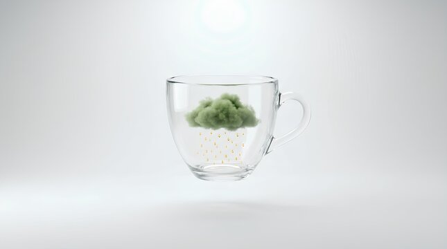 Surreal cloud raining golden honey drops inside a transparent glass coffee cup levitating on a white studio background