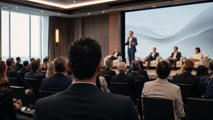Obraz premium Business Conference Audience Listening to Speaker and Panel in Modern Auditorium