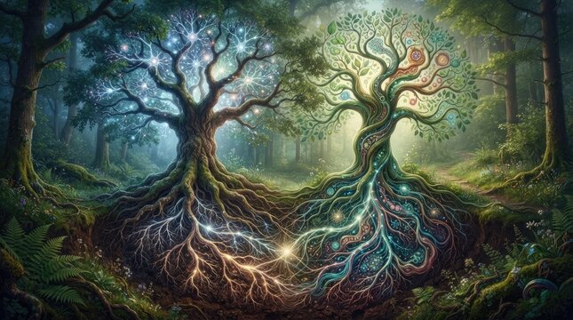 Two majestic trees intertwine in a mystical forest, their roots merging beneath the earth. The trees glow with intricate, bioluminescent patterns, symbolizing balance, and spiritual connection.