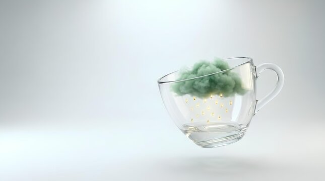 Surreal cloud raining golden honey drops inside a transparent glass coffee cup levitating on a white studio background