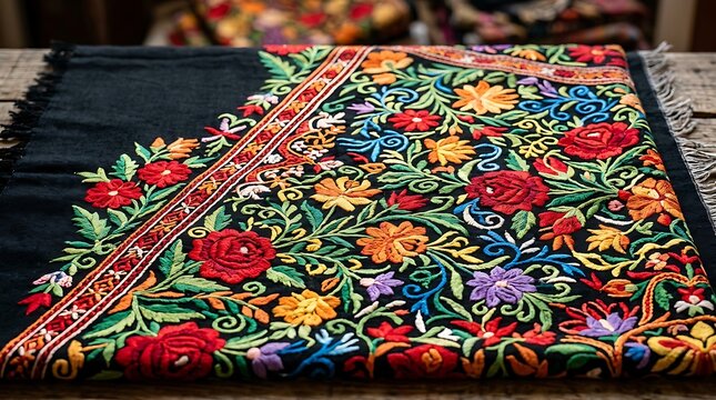 Vibrant floral embroidered textile with intricate design ,Hispanic Heritage Celebration Month, Latino Ctivalultural Festival, Cinco de Mayo, D&iacute;a de los Muertos, Carnaval, Inti Raymi