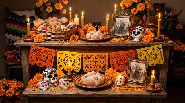 Vibrant Mexican Day of the Dead altar ,Hispanic Heritage Celebration Month, Latino Ctivalultural Festival, Cinco de Mayo, D&iacute;a de los Muertos, Carnaval, Inti Raymi