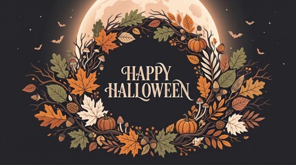 Fototapeta premium Happy halloween greeting card design with a pumpkin silhouette surrounded by autumn leaves and a full moon background