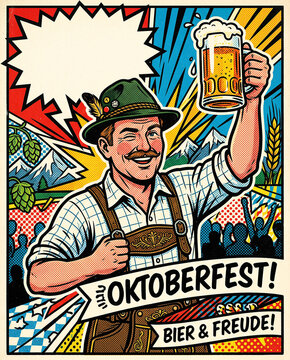 Vintage Comic Pop Art Bavarian Man Toasting Beer at Oktoberfest