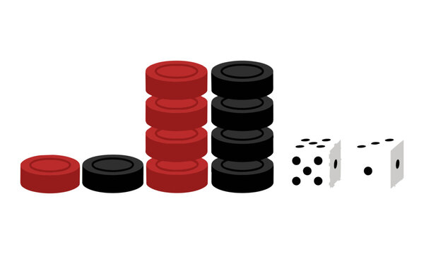 Neatly arranged backgammon checkers and dice in contrasting solid colors isolated on a white background, traditional board game concept