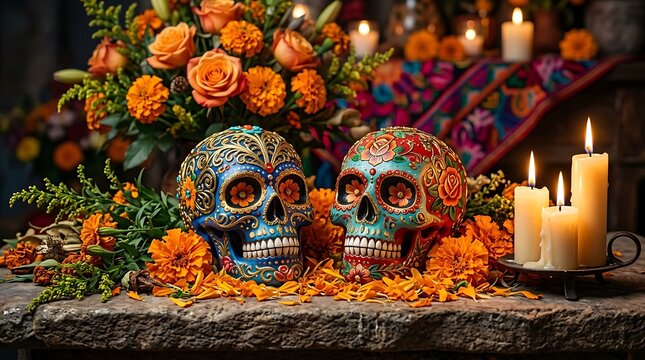 Vibrant Mexican Day of the Dead altar with colorful skulls and flowers ,Hispanic Heritage Celebration Month, Latino Ctivalultural Festival, Cinco de Mayo, D&iacute;a de los Muertos, Carnaval, Inti Raymi