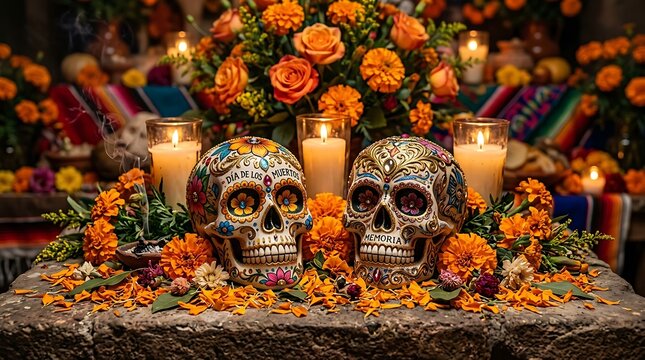 Vibrant Day of the Dead altar arrangement ,Hispanic Heritage Celebration Month, Latino Ctivalultural Festival, Cinco de Mayo, D&iacute;a de los Muertos, Carnaval, Inti Raymi
