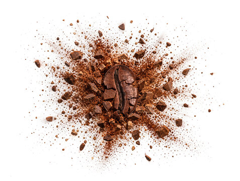 Coffee bean explosion with scattered roasted fragments on white background close-up. Generative AI