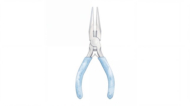 Watercolor hand drawn blue needle nose long reach pliers hand tool with steel jaws, electrician jewelry repair craft graphic illustration on clean white background