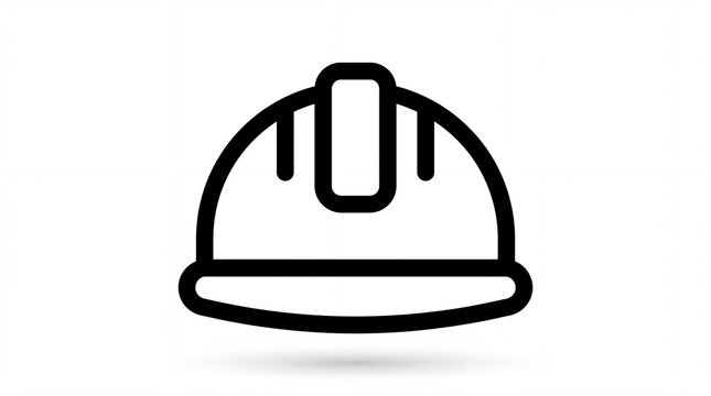 Minimalist black outline safety hard hat helmet icon, industrial builder engineer protective headwear vector line art graphic on clean white background