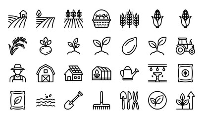 Farming and agriculture editable stroke line icon set featuring harvest crops plants farmland tractors seeds greenhouse irrigation organic farming and agro symbols © RUBINA