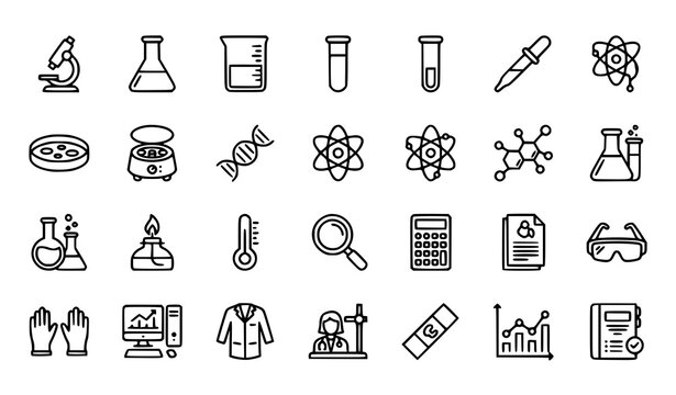 Scientific research and laboratory editable line icon collection featuring experiments chemistry biology microscopy DNA analysis equipment data and researchers