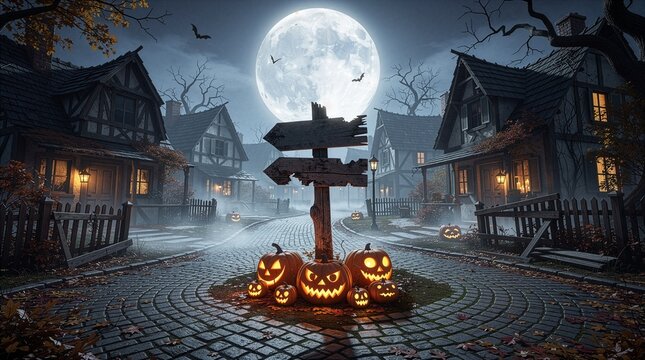 A spooky Halloween village street at night featuring a wooden signpost surrounded by glowing jack o lanterns, traditional houses, and flying bats under a huge glowing full moon.