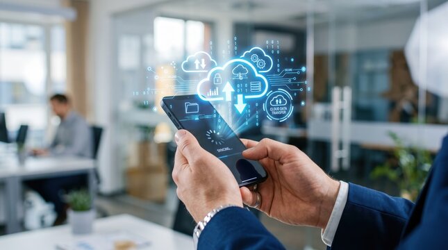 Businessman using smartphone with futuristic cloud computing hologram interface, digital data storage and security, wireless network connection technology, uploading files