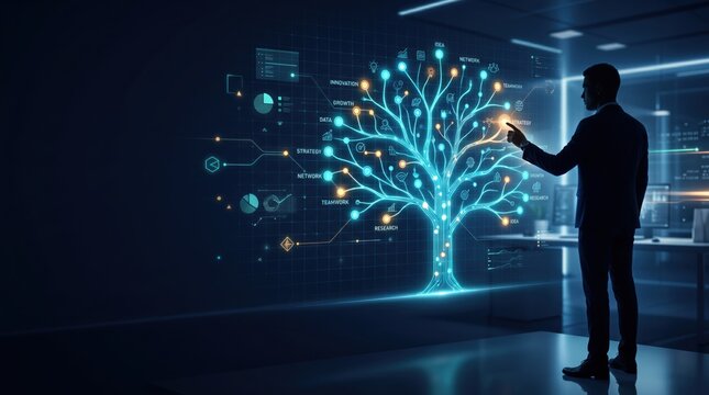 Futuristic glowing digital tree representing artificial intelligence network and big data analysis, businessman interacting with holographic innovation structure