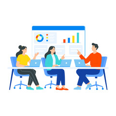 Fototapeta premium Flat illustration of three coworkers seated around a table with laptops and a shared analytics screen, representing a collaborative team meeting.