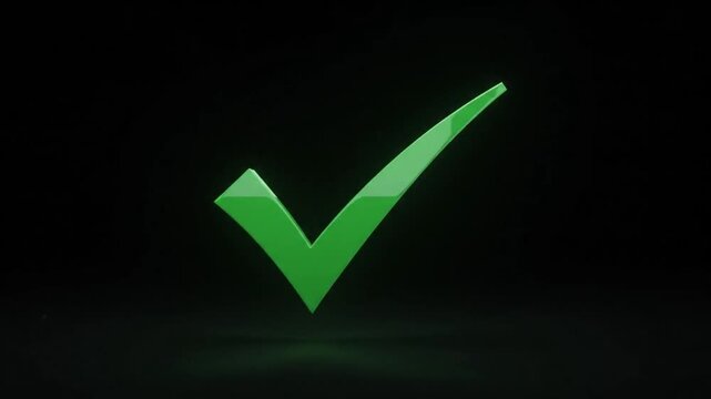 Glowing green 3 d check mark symbol animation on dark background, for success and, approval concepts