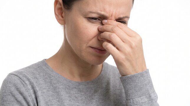 Stressed woman experiencing intense sinus headache or nasal congestion, pinching her nose in discomfort
