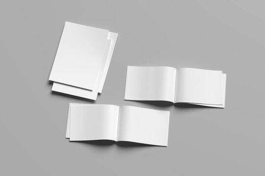 Landscape hardcover flyer a4 mock up isolated on white background.. A4 size book or catalog mock up. 3D illustration. Elegant Open Book Mockup for Print and Editorial Design
