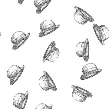 seamless pattern classic bowler hat hand drawn. style accessory, formal iconic, gentleman derby classic bowler hat black sketch illustration