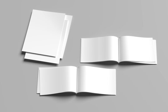 Landscape hardcover flyer a4 mock up isolated on white background.. A4 size book or catalog mock up. 3D illustration. Elegant Open Book Mockup for Print and Editorial Design