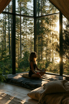 young woman meditating by large window overlooking forest, peaceful mindfulness meditation in scandinavian minimalist home, serene morning meditation with forest view in modern interior