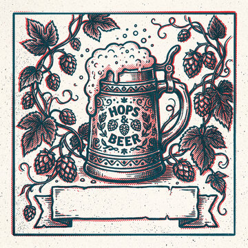 Vintage Red and Blue Halftone Brewery Emblem with Beer Stein and Hops