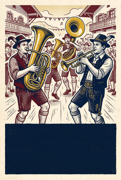 Vintage Halftone Oktoberfest Brass Band Poster with Musicians Playing Instruments