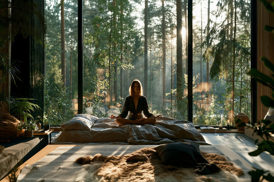 young woman meditating by large window overlooking forest, peaceful mindfulness meditation in scandinavian minimalist home, serene morning meditation with forest view in modern interior