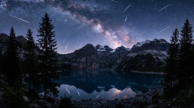 Spectacular Milky Way and Meteor Shower over a Mountain Lake in the Alps