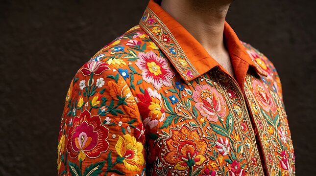Vibrant floral embroidered shirt on a man ,Hispanic Heritage Celebration Month, Latino Ctivalultural Festival, Cinco de Mayo, D&iacute;a de los Muertos, Carnaval, Inti Raymi