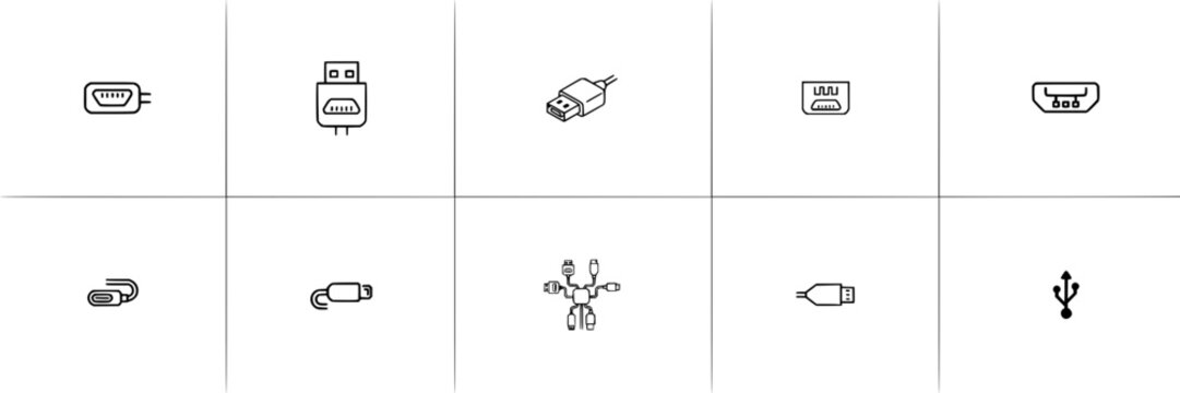 USB icon set with various connector types featuring Type-A, Type-B, Mini-USB, Micro-USB with line art and monochrome