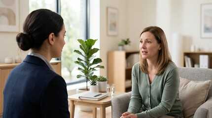Obraz premium Professional woman talking to her therapist during a counseling session in a bright office.
