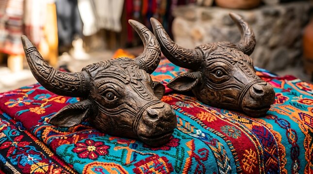 Traditional Mexican bull heads on colorful textile ,Hispanic Heritage Celebration Month, Latino Ctivalultural Festival, Cinco de Mayo, D&iacute;a de los Muertos, Carnaval, Inti Raymi