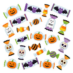 Fototapeta premium Halloween candy collection, sweet treats, pumpkins, ghosts, bats, skulls, festive sweets, vector icons