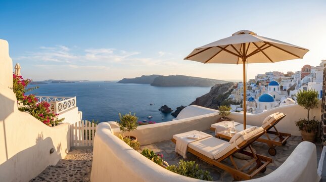 Sunlit terrace with umbrella and lounge chairs offers a stunning view of the Aegean Sea, caldera cliffs, and the white village of Oia.