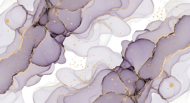 Elegant abstract background with flowing purple and lavender alcohol ink textures, accented by shimmering gold glitter and speckles for a luxurious feel.