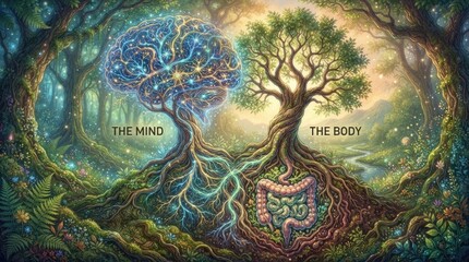 Fototapeta premium A surreal and mystical artwork depicts the interconnectedness of the mind and body. A luminous, intricate brain tree grows from the left, its branches interwoven with glowing roots that extend 