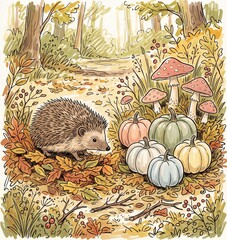 Naklejka premium Autumn woodland scene with hedgehog, mushrooms, pumpkins and fallen leaves in a warm hand-drawn storybook forest background illustration.