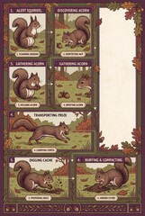 Naklejka premium Squirrel acorn gathering infographic with sequential woodland scenes, autumn foliage, decorative borders, and blank background panel.
