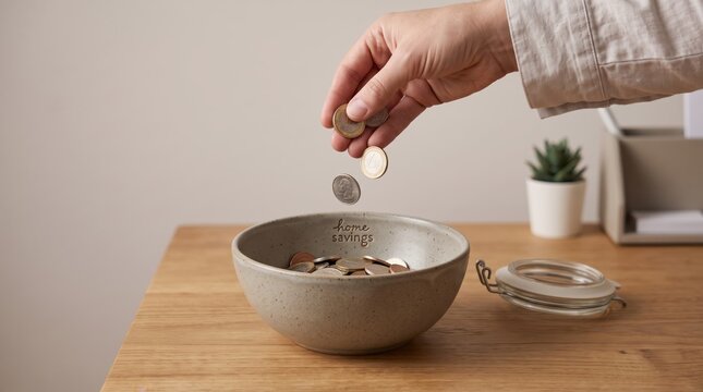 of female hand dropping coins into ceramic bowl labeled home savings on wooden table, of saving money for future financial security, investment, and wealth accumulation