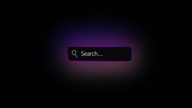 Minimal animated search bar interface with glowing purple neon effects on black background, modern UI design, digital navigation, futuristic technology, web application, clean motion graphic template 