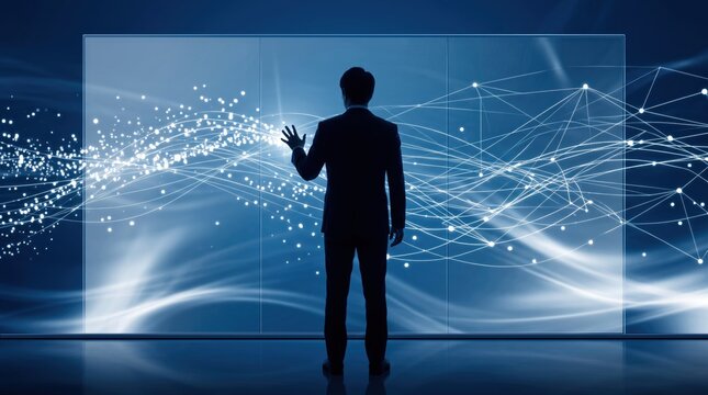 Silhouette of businessman touching large interactive data network screen, global connectivity and big data, futuristic digital communication infrastructure, abstract technology
