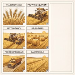 Fototapeta premium Creative agricultural harvest cycle infographic showing wheat, combine, hay bales, grain truck and stubble field scenes on a light background.