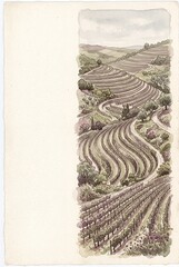 Fototapeta premium Watercolor landscape of winding terraced vineyards and rolling countryside on a light paper background, creative rural agriculture concept for design.