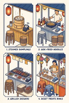 Asian street food market stalls with dumplings, noodles, grilled skewers and dessert drinks in a creative illustrated food infographic background.