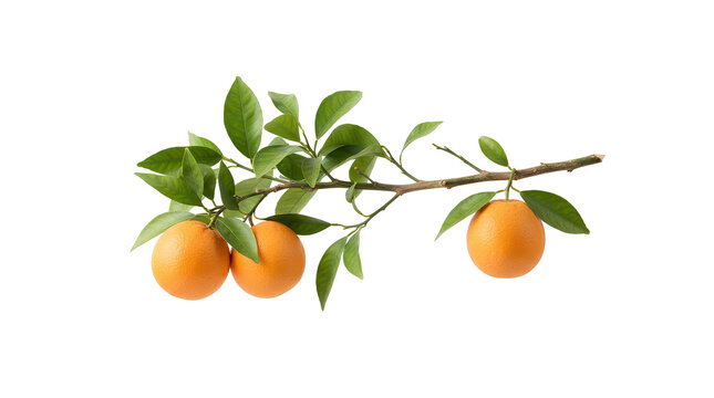 Vibrant citrus branch featuring ripe oranges and fresh green leaves PNG. Three round sweet fruits are arranged along a horizontal woody stem.