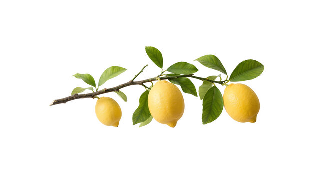 Bright yellow lemons growing along a slender stem with green leaves PNG. Three fresh citrus fruits hang separated along the horizontal branch.