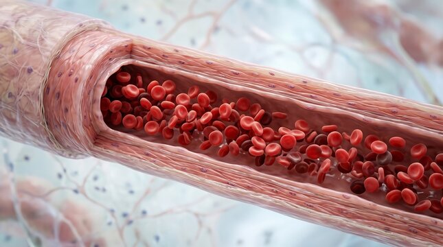 3D medical illustration of red blood cells flowing inside a human blood vessel with blood flow vessel wall human body 3D rendering white cells circulation capillary hematology erythrocytes