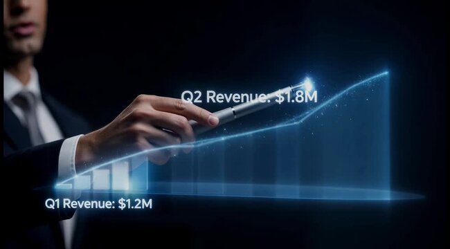Successful businessman presenting quarterly financial growth data showing rising revenue figures for Q1 Q2 and Q3 business expansion